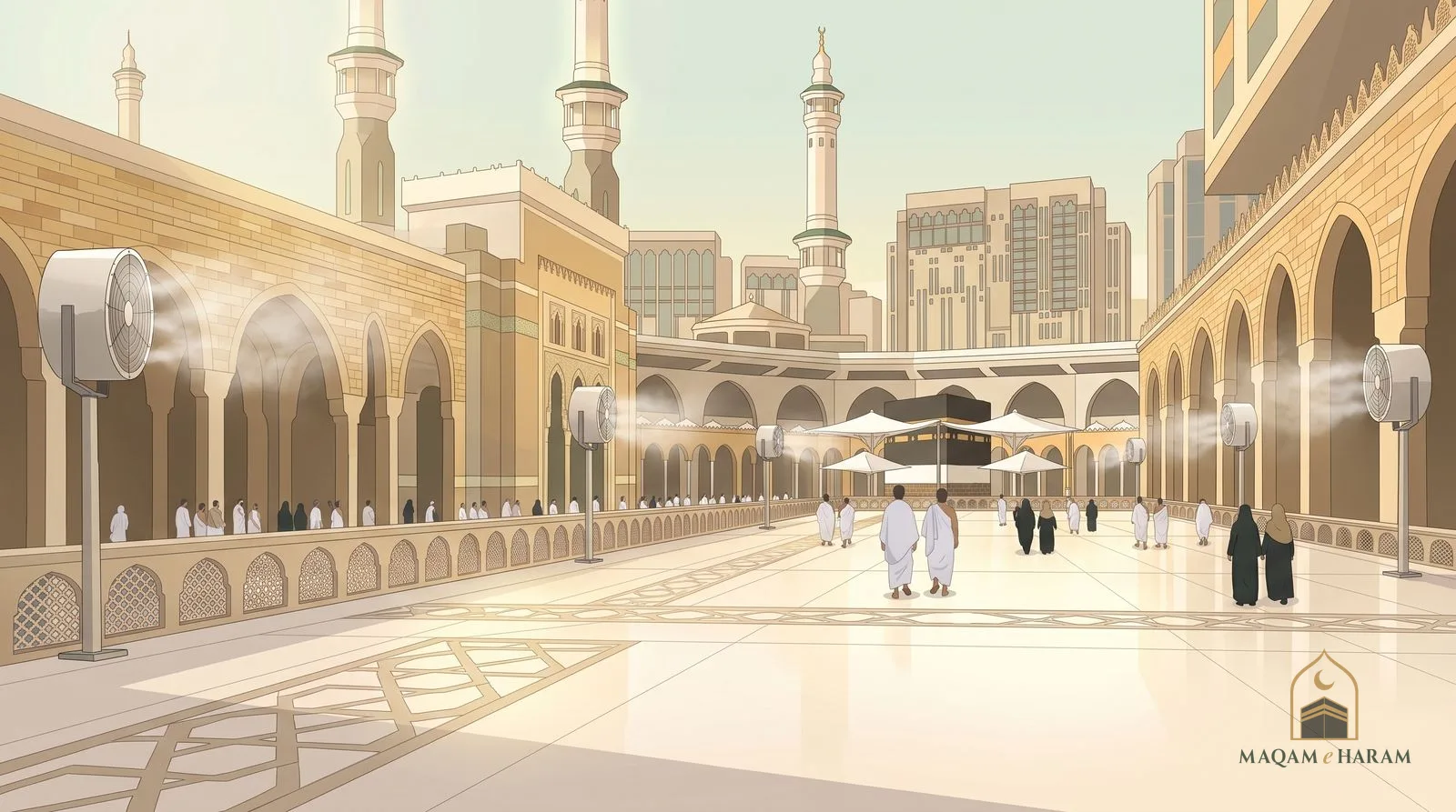 Illustration of mist fans cooling the marble courtyard of Masjid al-Haram on a hot summer afternoon.