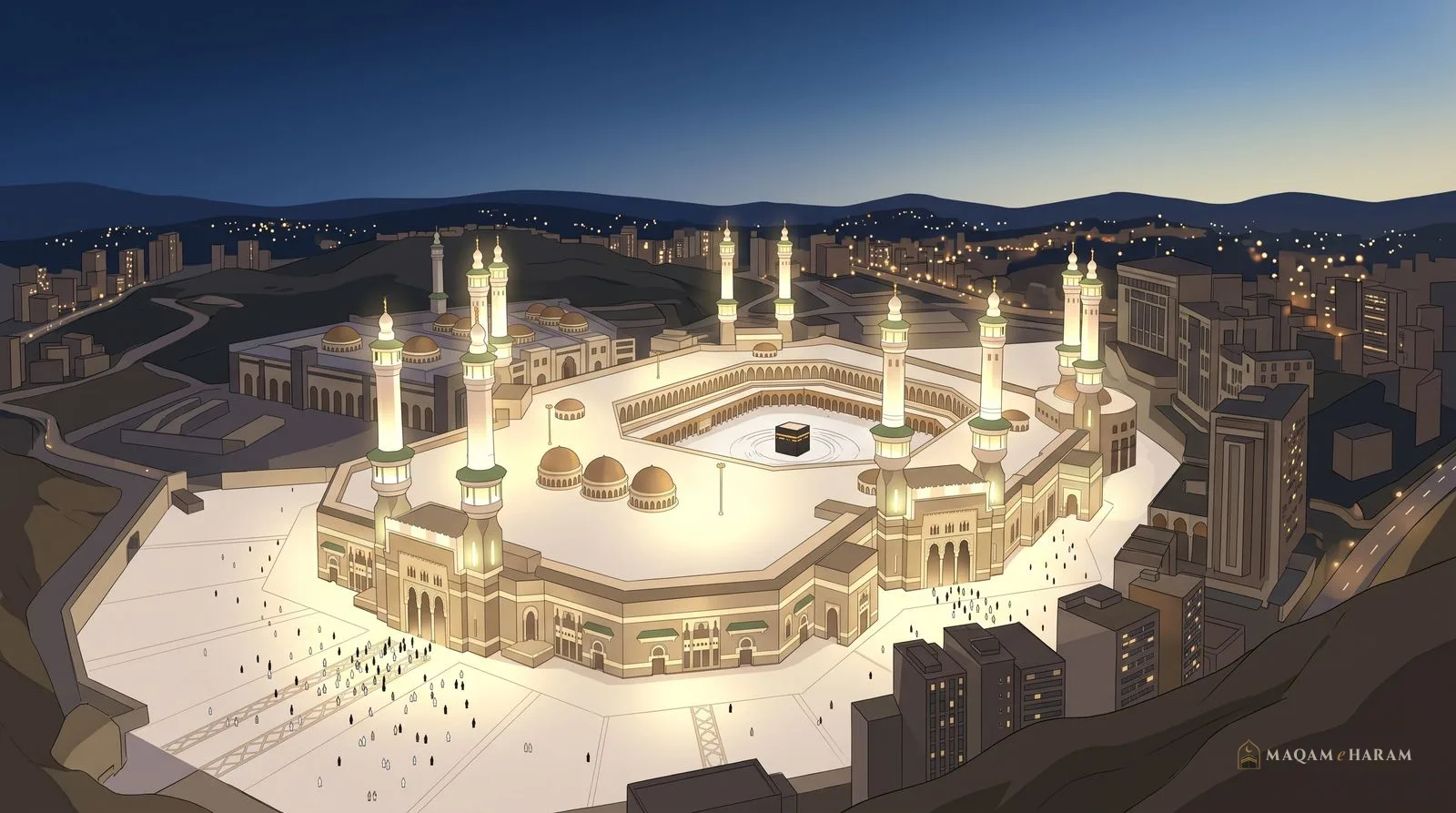 Illustration of Masjid al-Haram just before Fajr, its minarets lit against a deep blue sky.