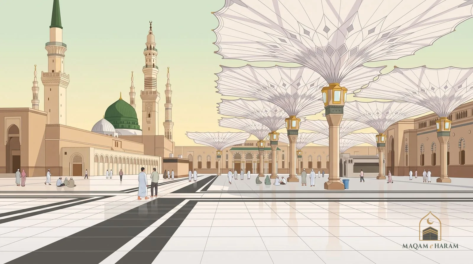 Illustration of the Prophet's Mosque in Madinah in the afternoon, with its courtyard umbrellas open.