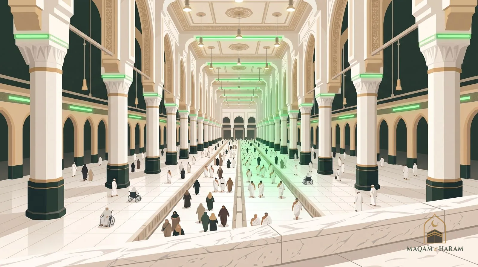 Illustration of the sa'i corridor between Safa and Marwa inside Masjid al-Haram, with pilgrims walking.