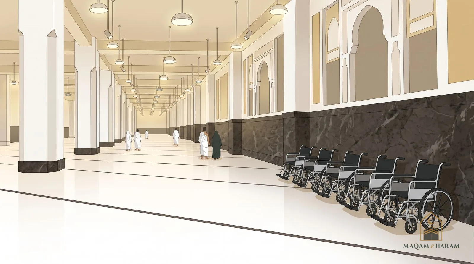 Illustration of a row of empty wheelchairs at a pick-up point in the sa'i gallery of Masjid al-Haram.