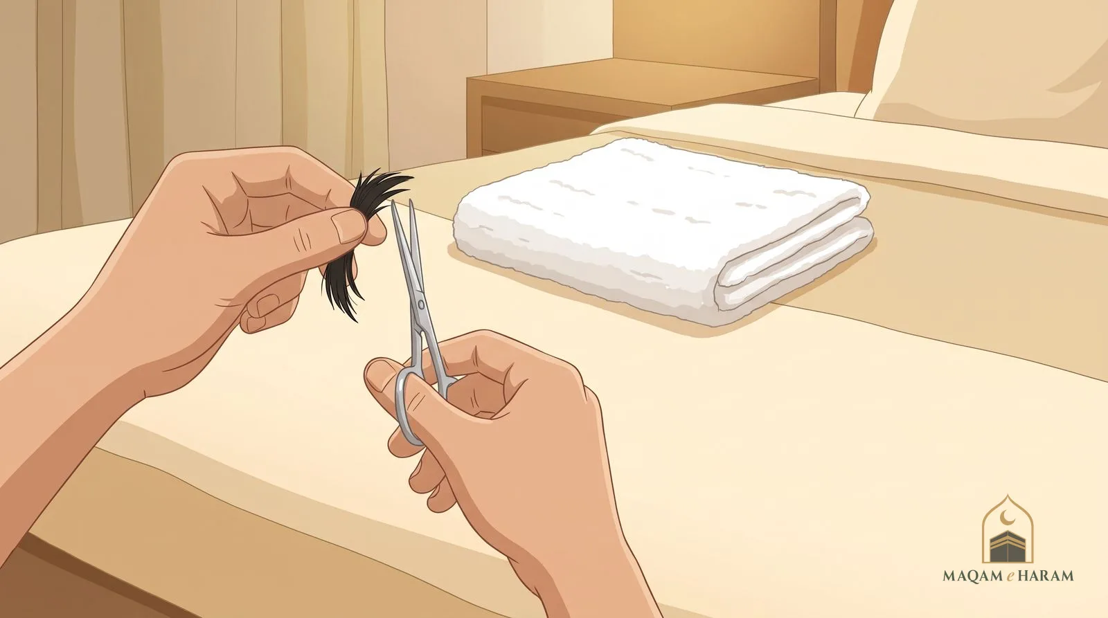Illustration of hands holding small scissors to cut a lock of hair at the end of Umrah.