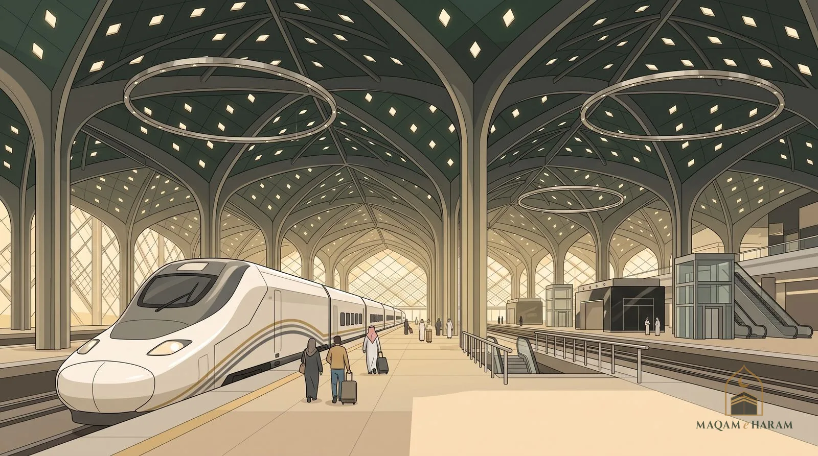 Illustration of a Haramain high-speed train at the platform of the Jeddah airport station.