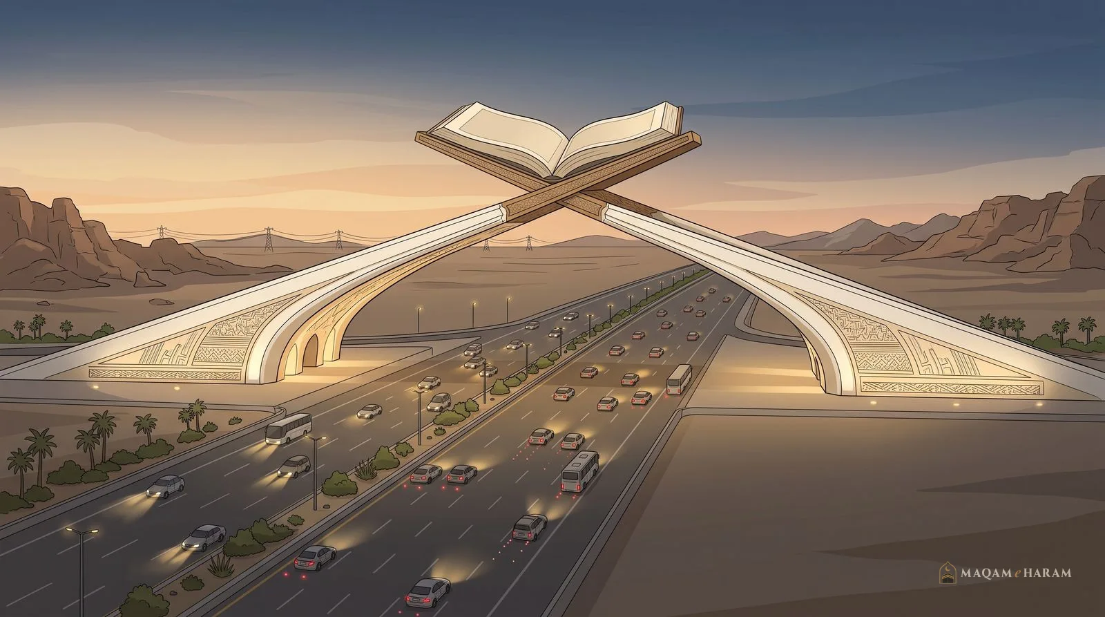 Illustration of the Makkah Gate arch over the Jeddah to Makkah highway at dusk, with cars passing below.