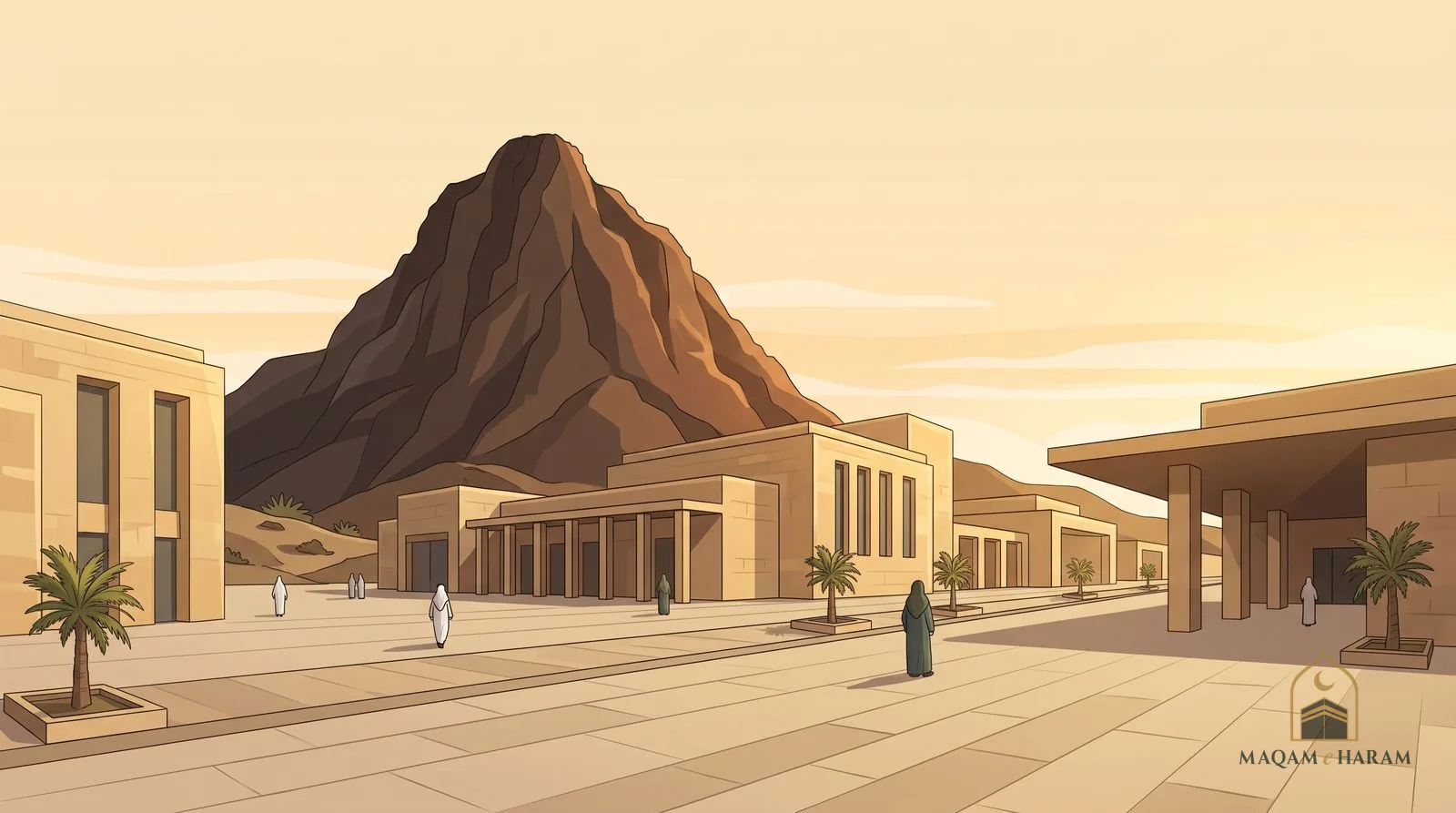 Illustration of low museum buildings on a plaza below the peak of Jabal al-Nour in Makkah.