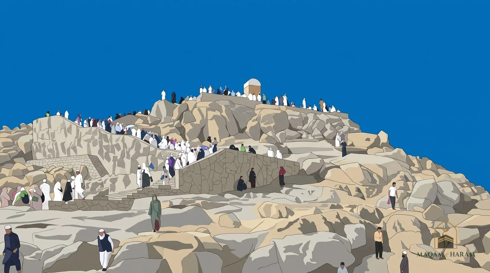 Illustration of visitors climbing the granite rocks of Jabal al-Rahmah at Arafat under a clear blue sky.