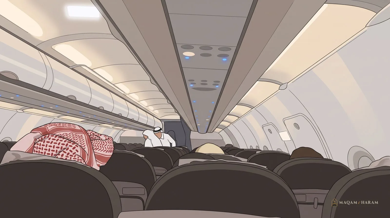 Illustration of passengers seated in an airliner cabin during a flight, seen from behind.