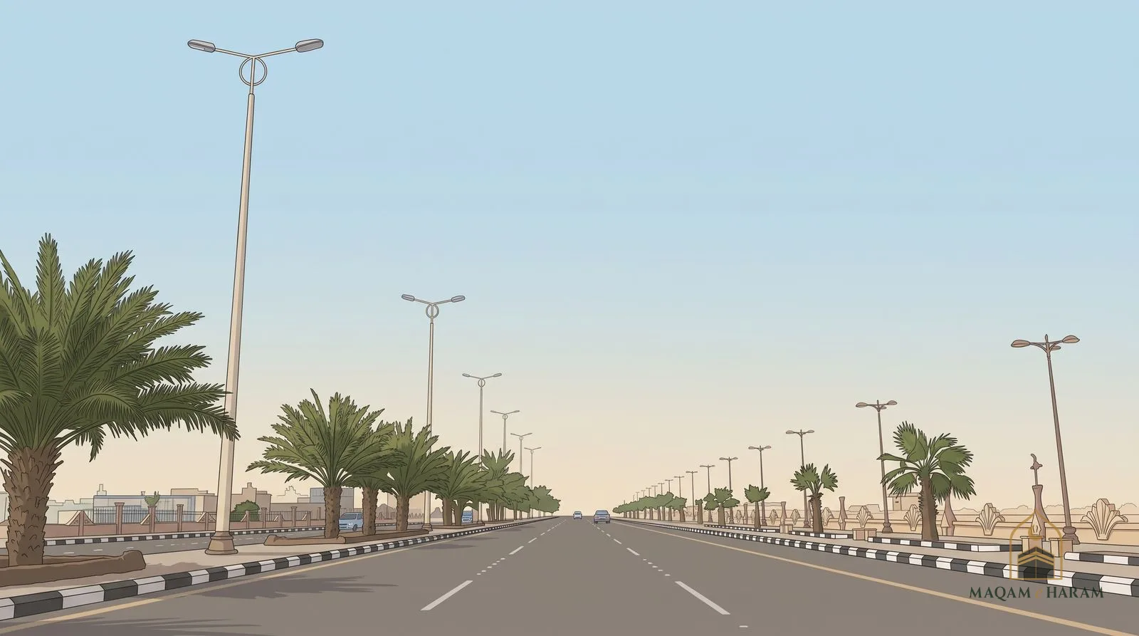 Illustration of a wide palm-lined road in Rabigh, the town pilgrims use for the miqat of al-Juhfah.