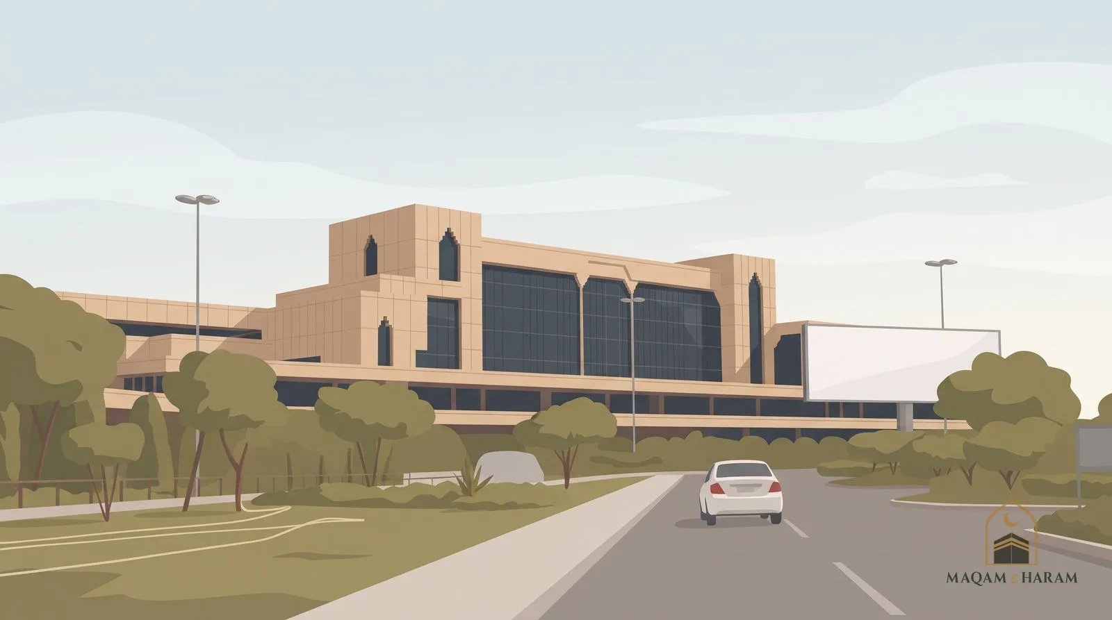 Illustration of the terminal building of Jinnah International Airport in Karachi, with a car on the road in front.