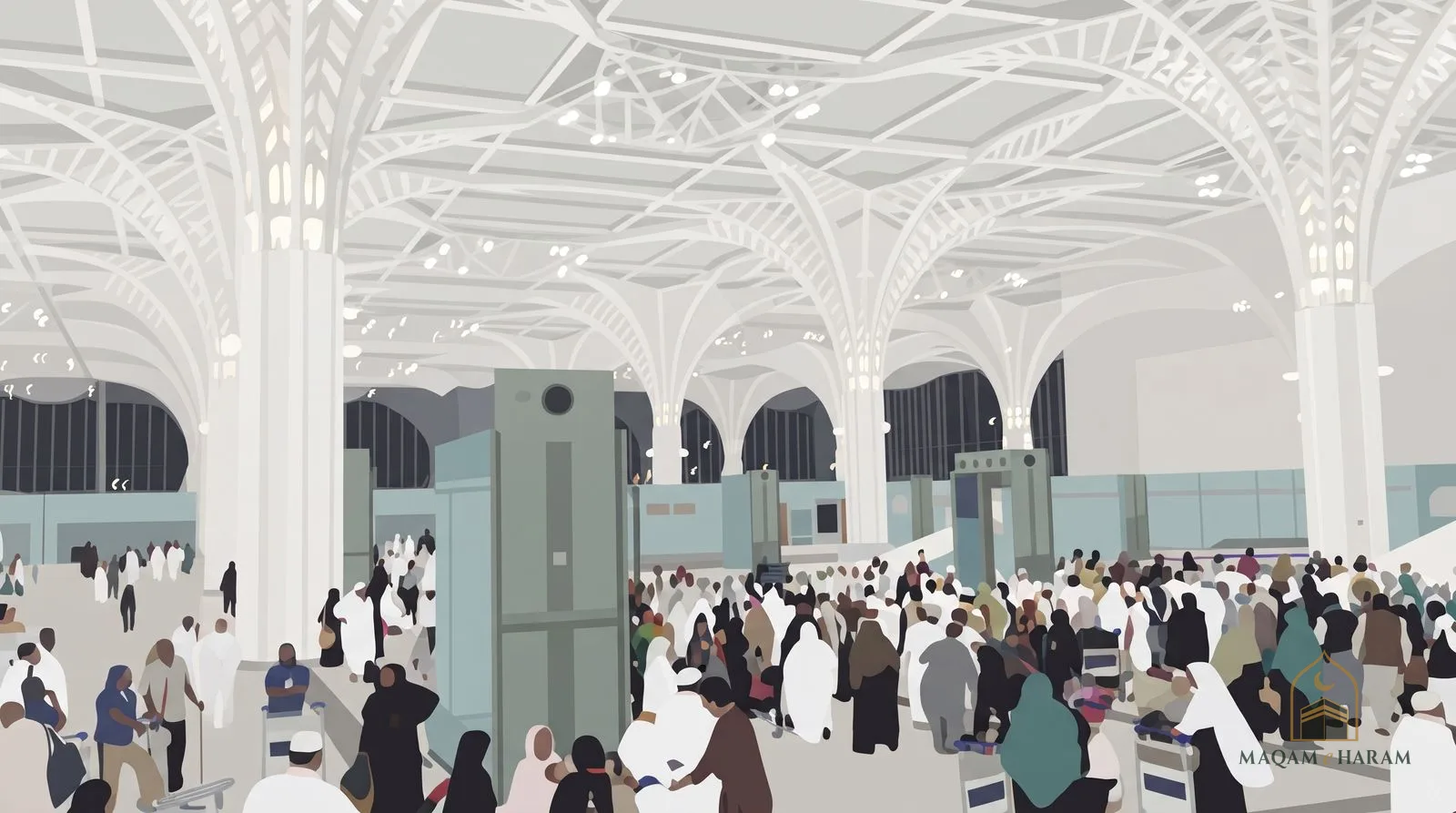 Illustration of the arrivals hall at Madinah airport with white tree-like columns and a crowd of travellers.