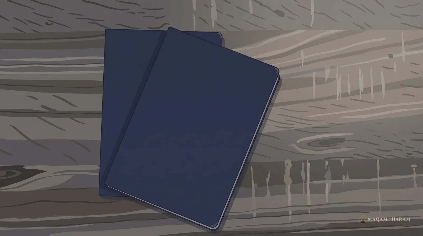 Illustration of two closed passports lying on a wooden table.