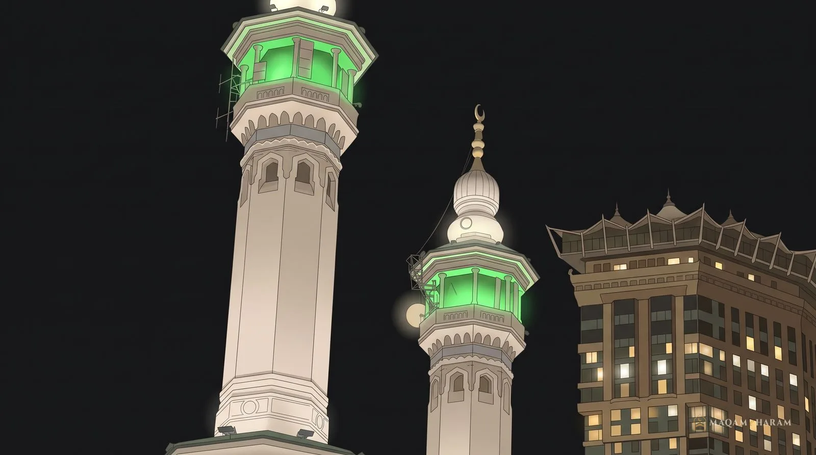 Illustration of two lit minarets of Masjid al-Haram at night beside a hotel tower.
