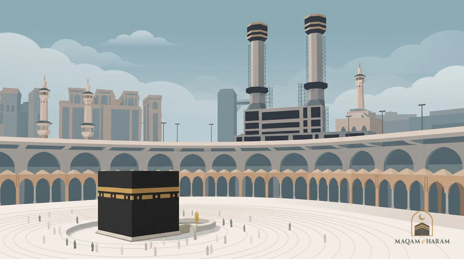 Illustration of the Kaaba low in the picture, with the arcade of Masjid al-Haram and tall towers behind it.