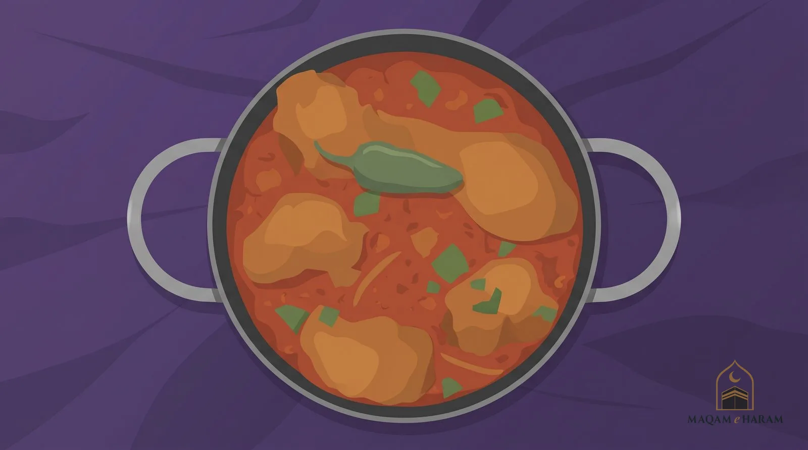 Illustration of a steel karahi pot of chicken curry seen from above on a purple cloth.