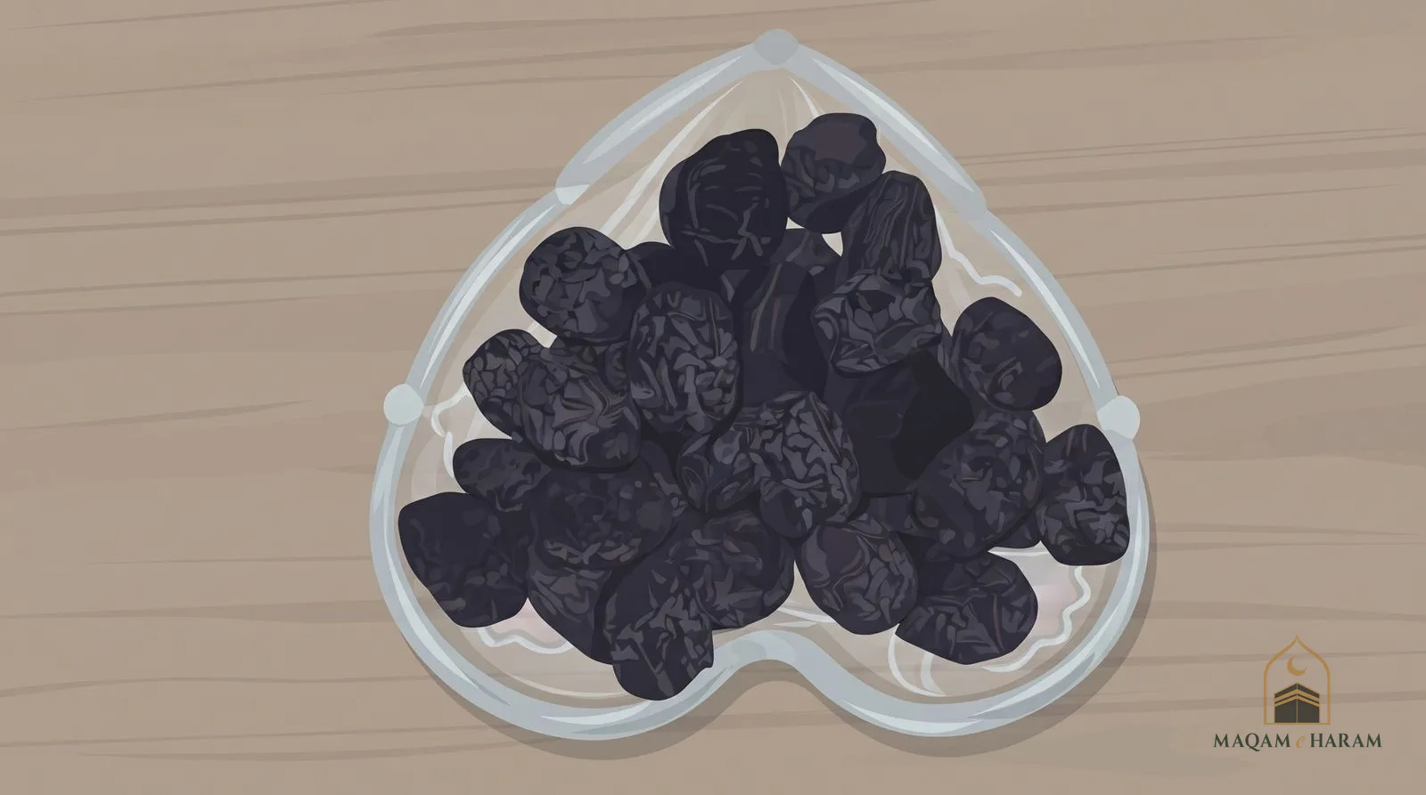 Illustration of a heart-shaped glass dish of dark Ajwa dates.