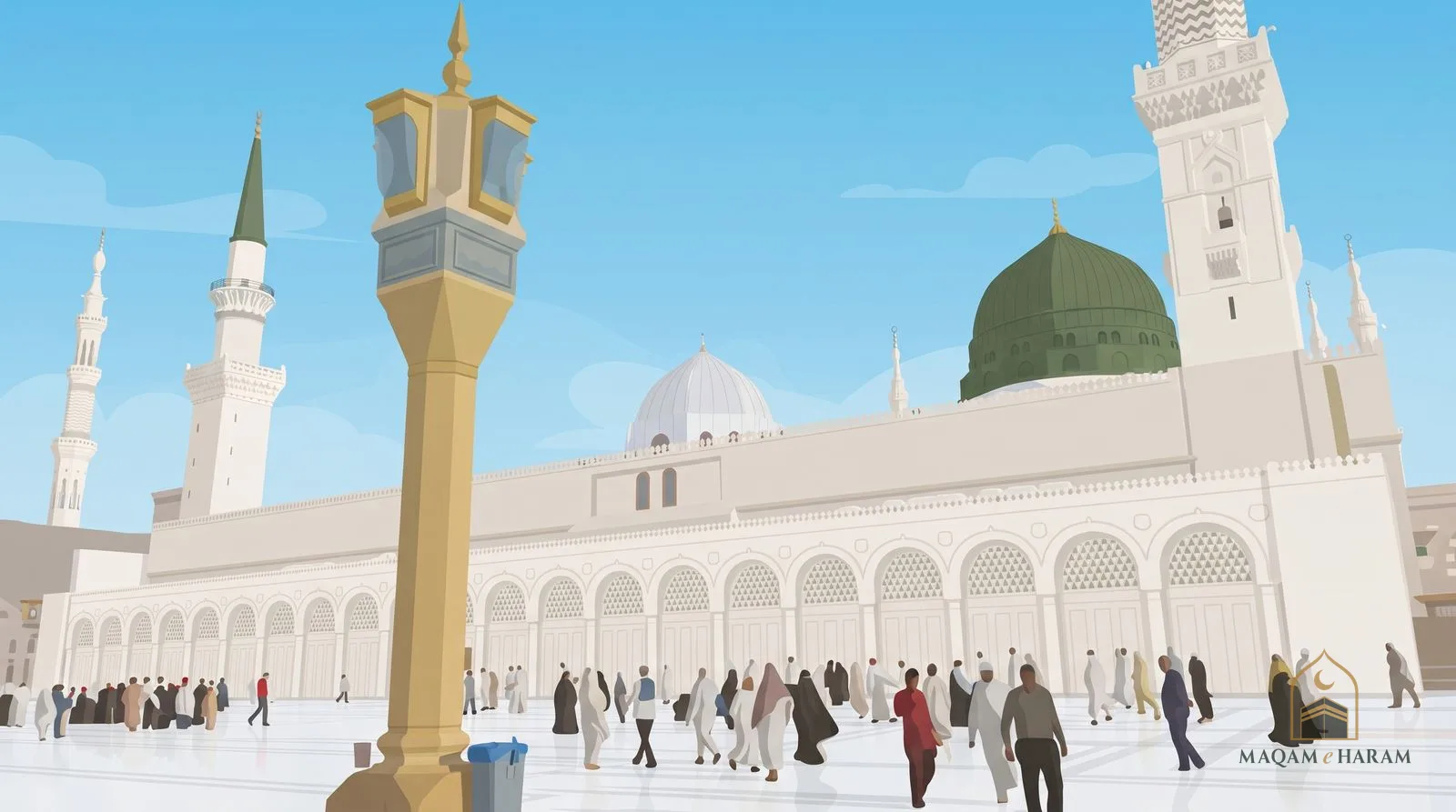 Illustration of the green dome, white minarets and a golden lamp pillar of the Prophet's Mosque in Madinah under a blue sky.