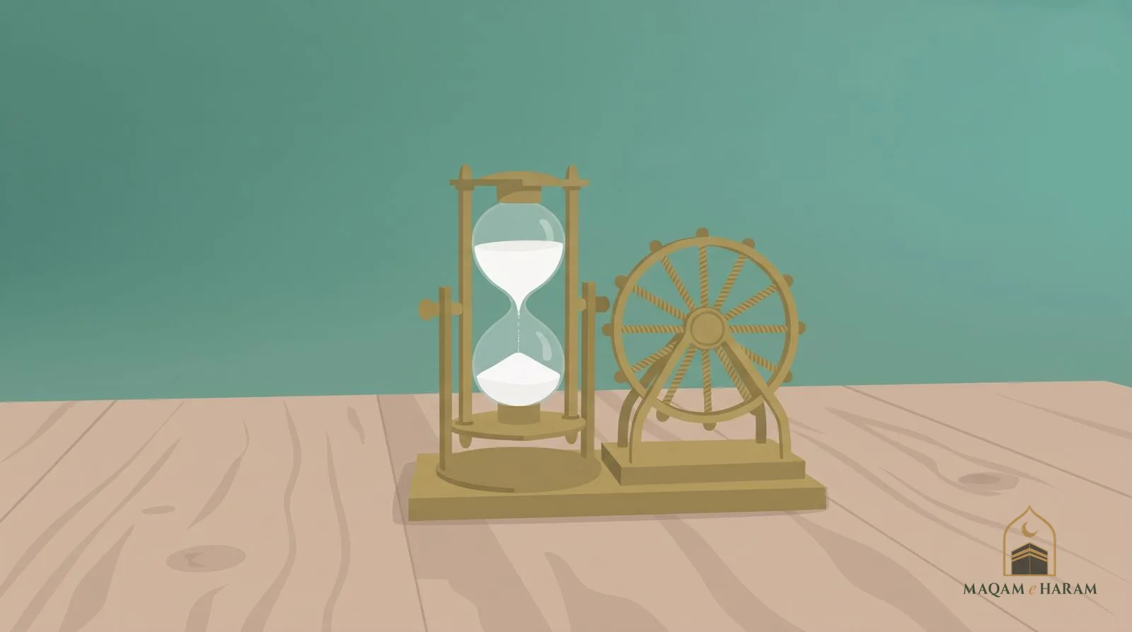 Illustration of an hourglass with white sand beside a brass ship's-wheel ornament on a wooden table.