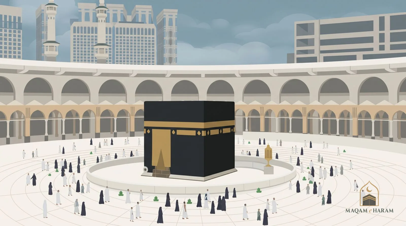 Illustration of the Kaaba on the mataf of Masjid al-Haram with its arcades and tall buildings behind.