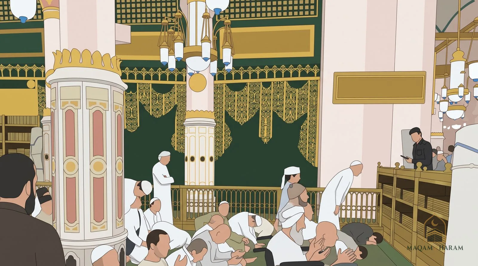 Illustration of worshippers praying in the Rawdah inside the Prophet's Mosque, by a white and rose marble column, with green and gold screens behind.