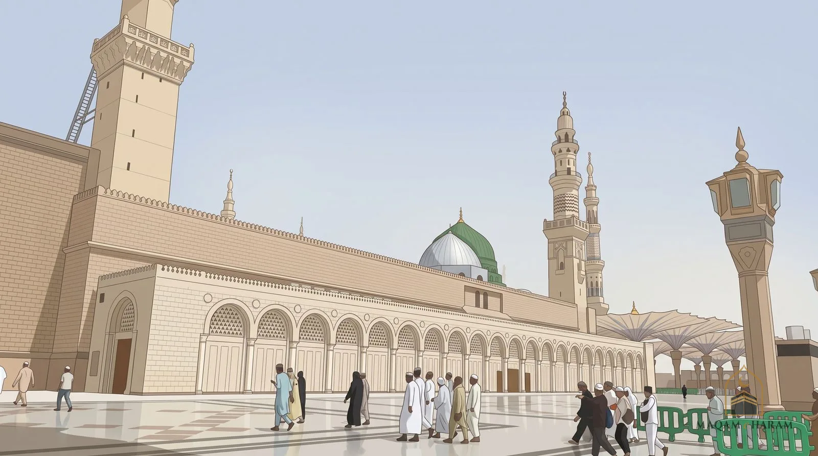 Illustration of the sunny courtyard of the Prophet's Mosque in Madinah, with its green dome, minarets and people walking on the marble.