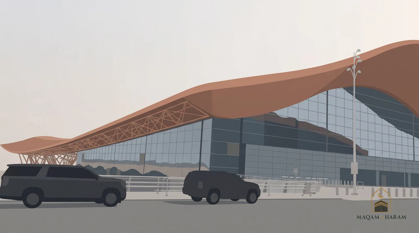 Illustration of the curved copper-coloured roof and glass front of the Jeddah airport terminal, with cars in front.