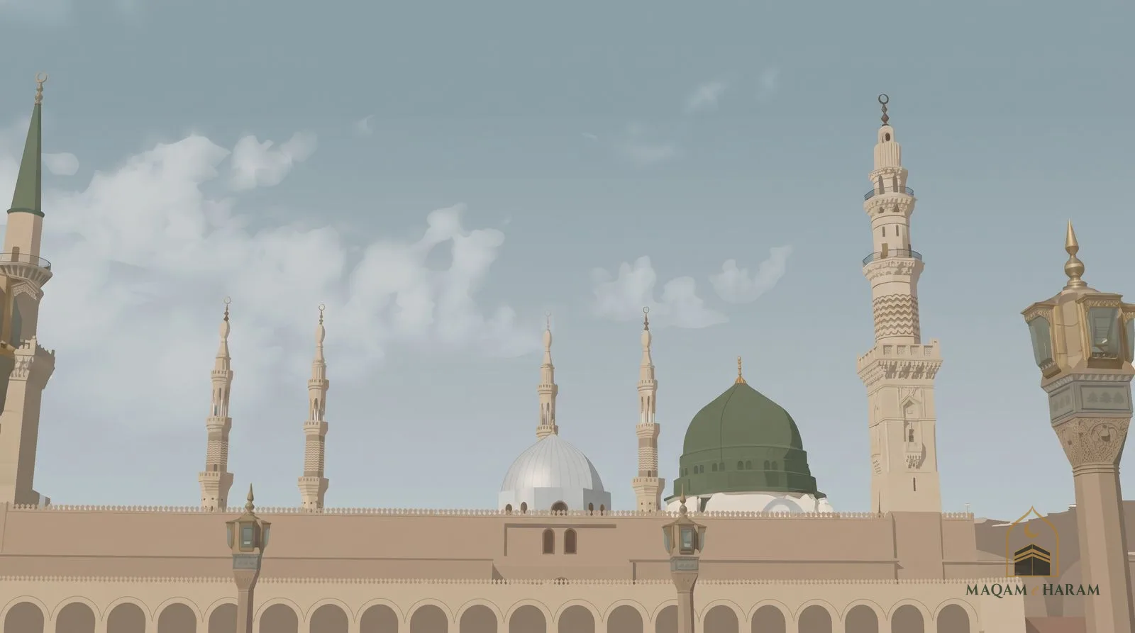 Illustration of the green dome, silver dome and minarets of the Prophet's Mosque under a hazy sky.