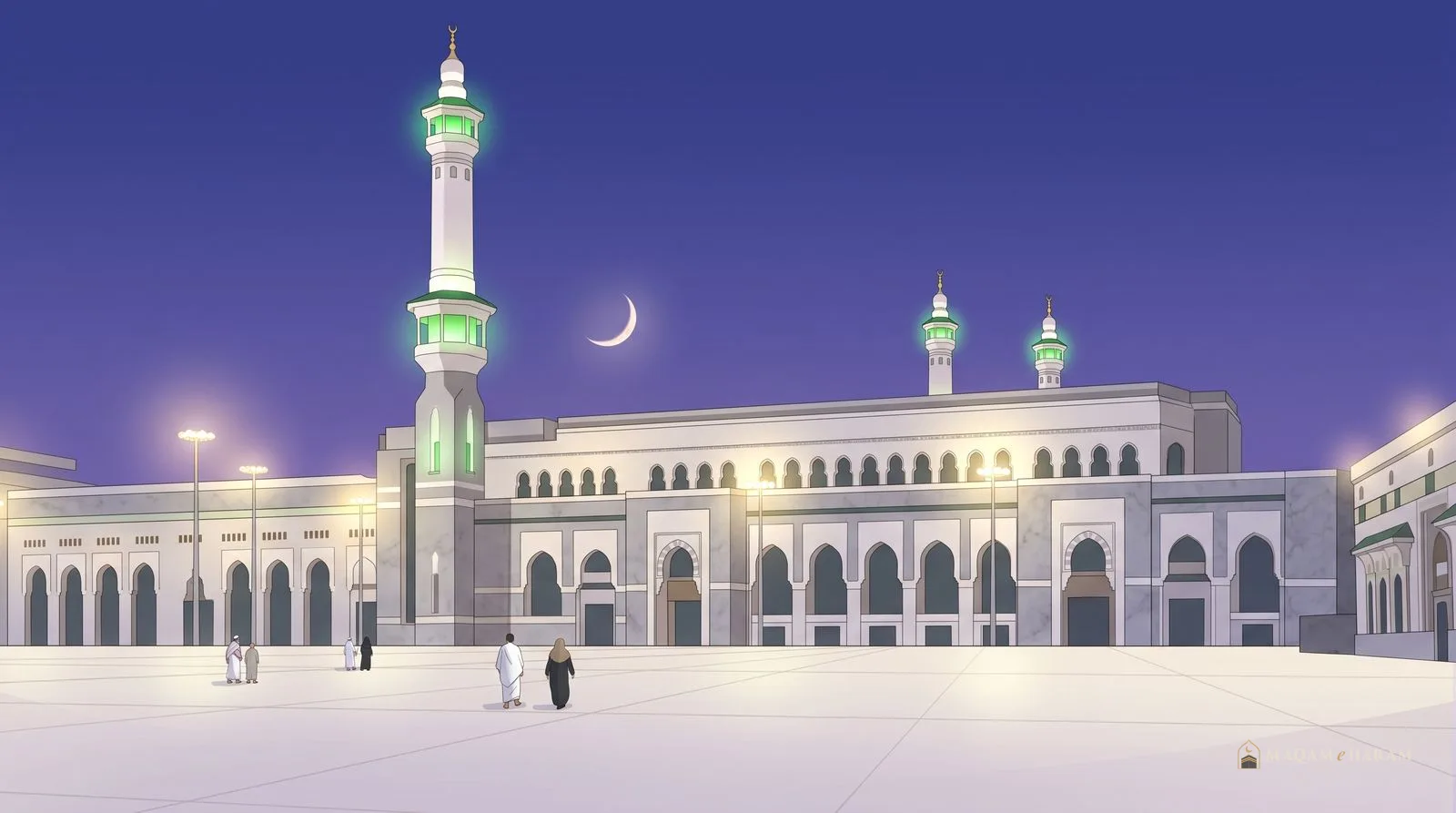 Illustration of a thin crescent moon in the evening sky above the lit minarets of Masjid al-Haram.