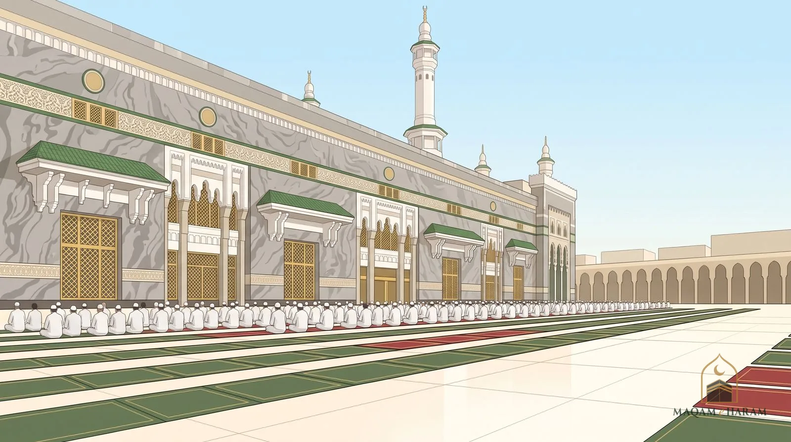 Illustration of rows of prayer mats on the outer courtyard of Masjid al-Haram on an Eid morning.