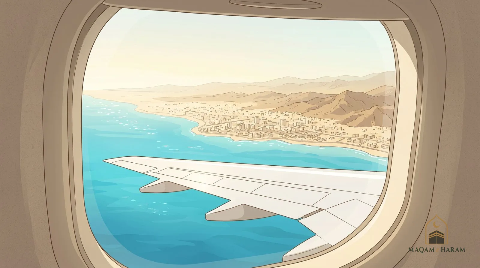Illustration of an aircraft wing over the Red Sea coastline near Jeddah, seen through the window.