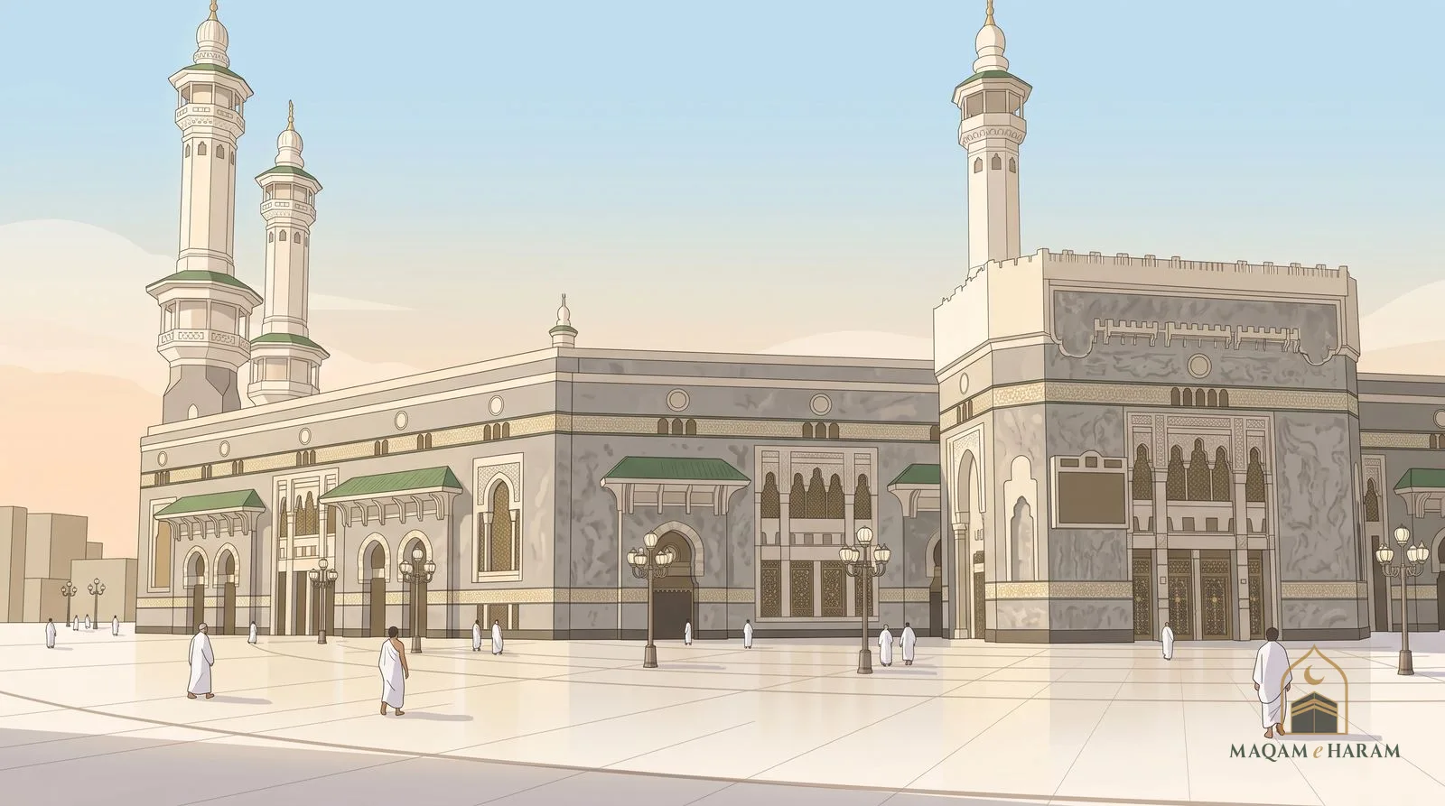 Illustration of the marble courtyard of Masjid al-Haram in soft early light just after Fajr.
