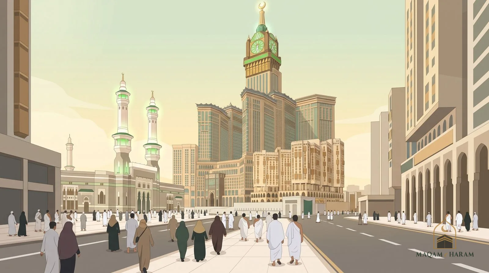 Illustration of the hotel towers and the clock tower beside Masjid al-Haram, seen from a street in Makkah.