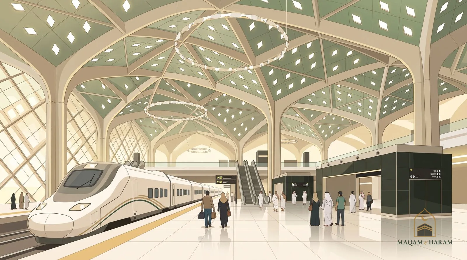 Illustration of a Haramain high-speed train at a platform inside the station.
