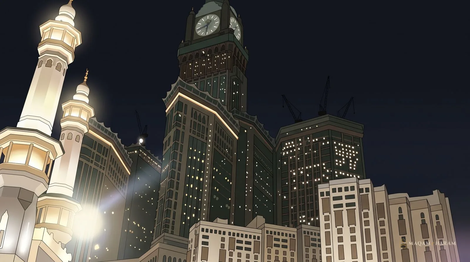Illustration of a lit minaret of Masjid al-Haram in front of the Makkah clock tower and hotel towers at night.