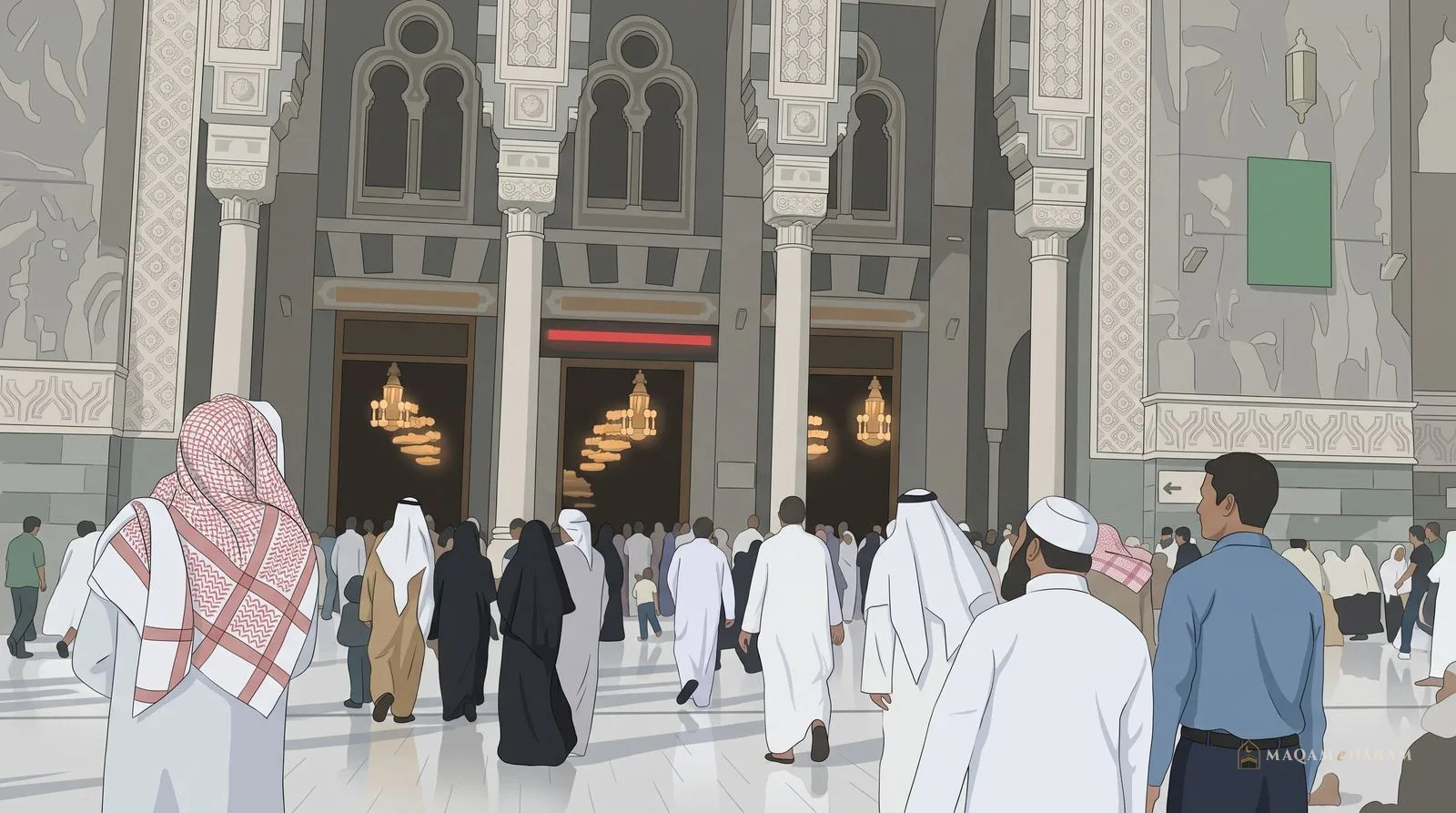 Illustration of pilgrims walking towards the arched doors of Masjid al-Haram, seen from behind.