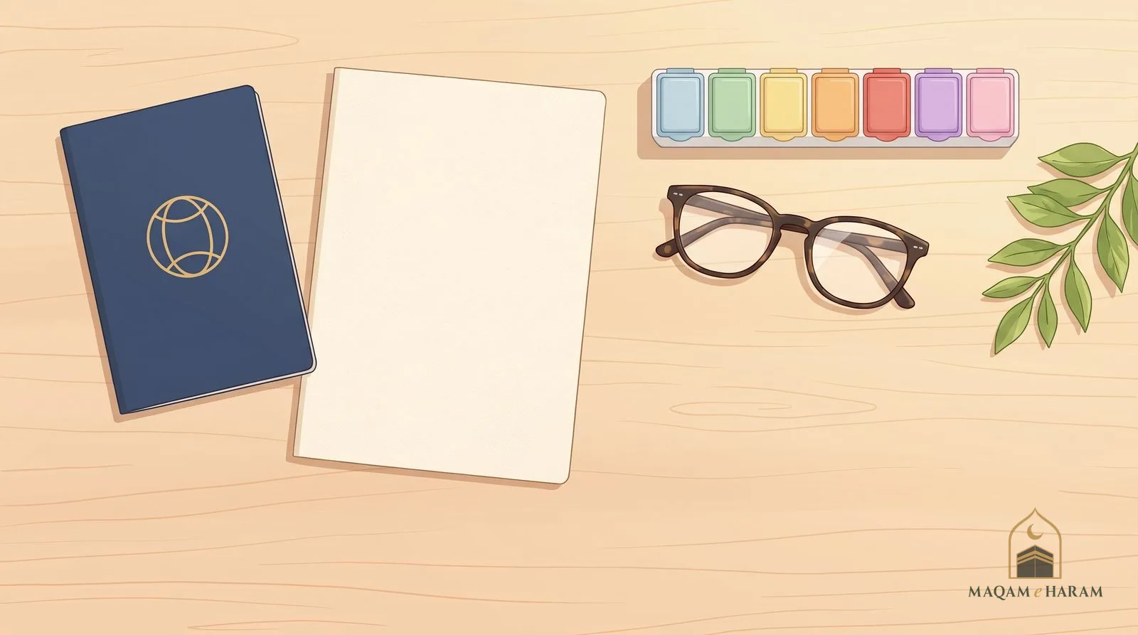 Illustration of a closed passport, an insurance folder, a pill organiser and reading glasses laid out on a table.