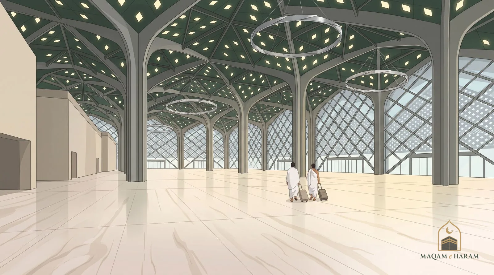 Illustration of pilgrims with suitcases walking through the concourse of a Haramain high-speed railway station.