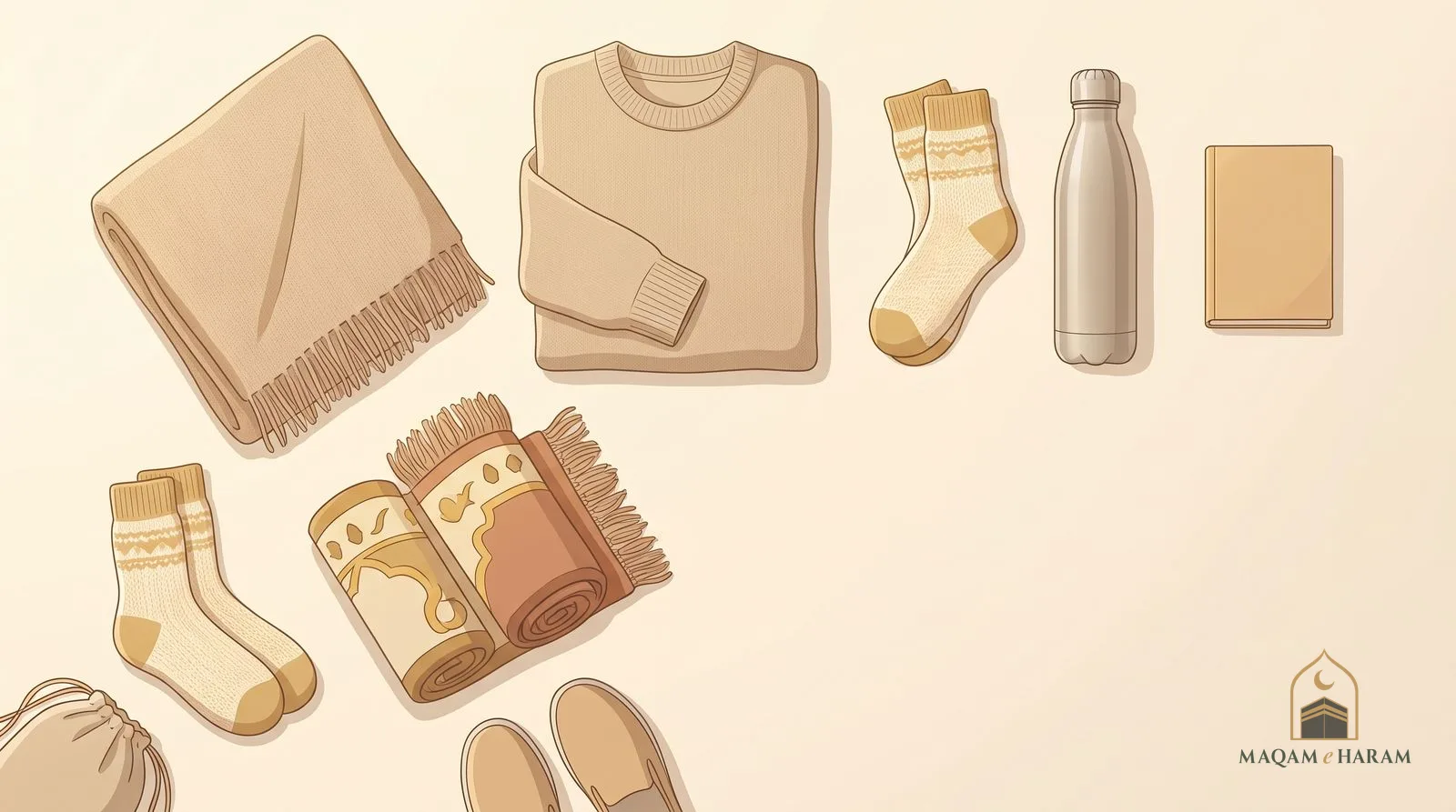 Illustration of a wool shawl, a jumper, warm socks, a water bottle and a small prayer mat packed for cool nights in Madinah.