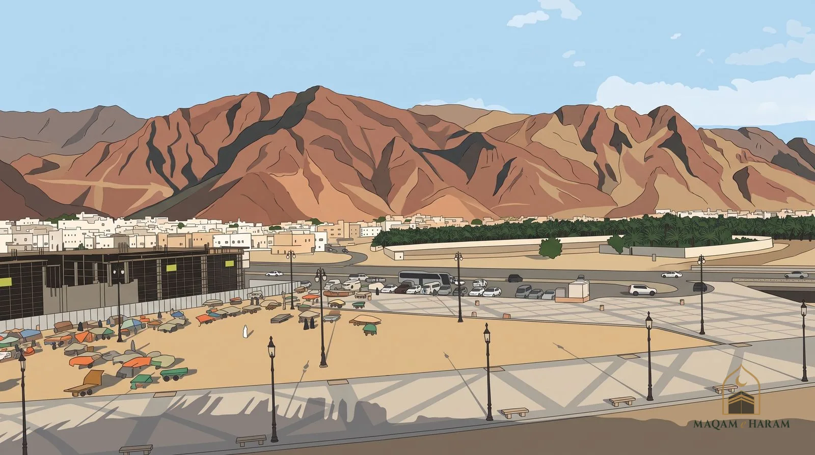Illustration of Mount Uhud in Madinah above white houses and a palm grove, with a few clouds in the sky.