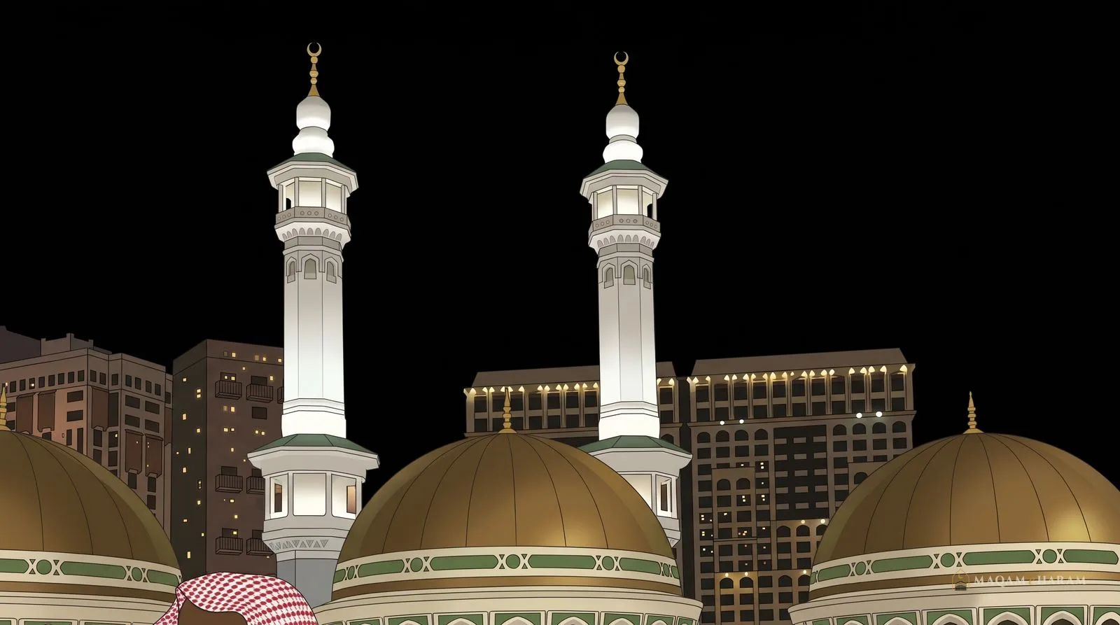 Illustration of two lit minarets and bronze domes on the roof of Masjid al-Haram at night.