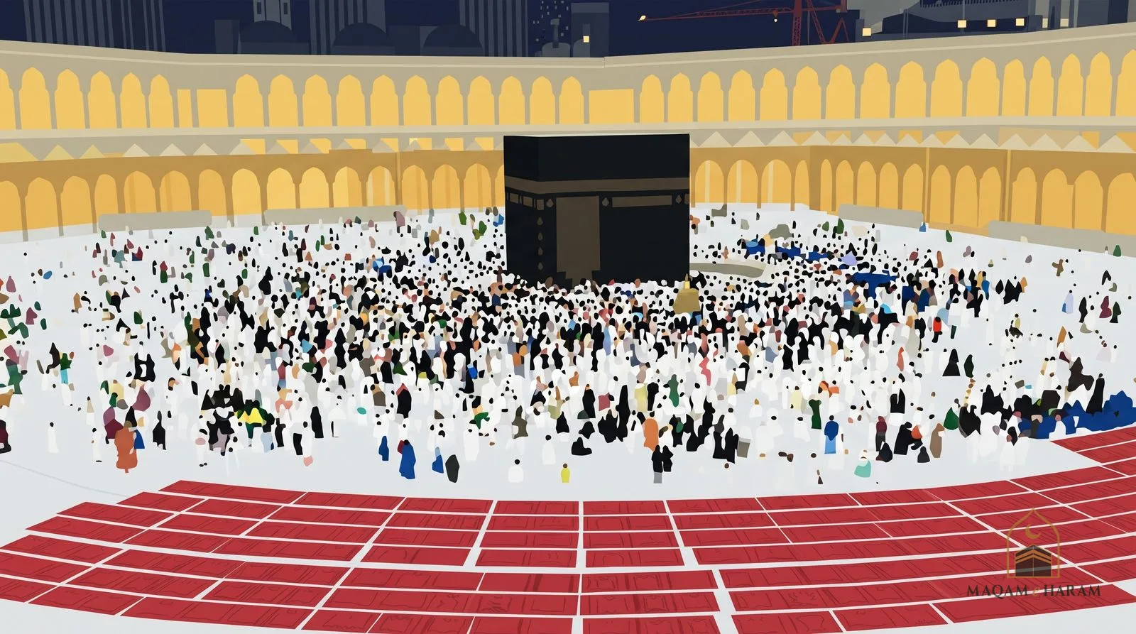 Illustration of the Kaaba at night seen from above, with a crowd of pilgrims around it and the lit arcades of Masjid al-Haram.