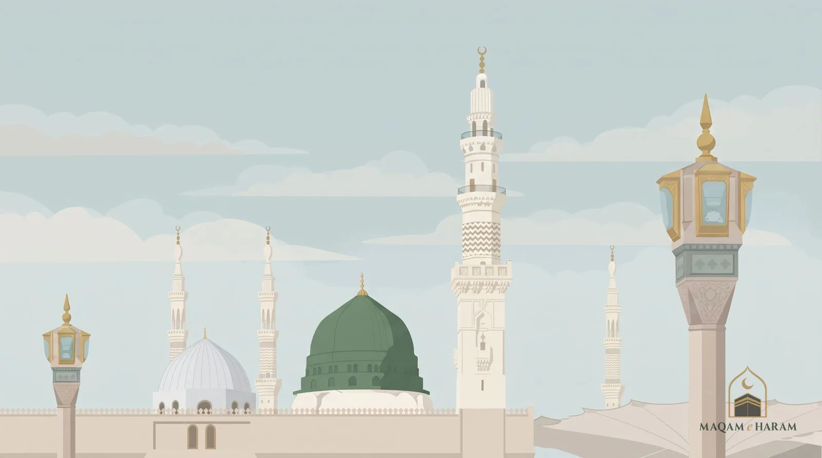 Illustration of the green dome, silver dome and white minarets of the Prophet's Mosque under a pale sky.