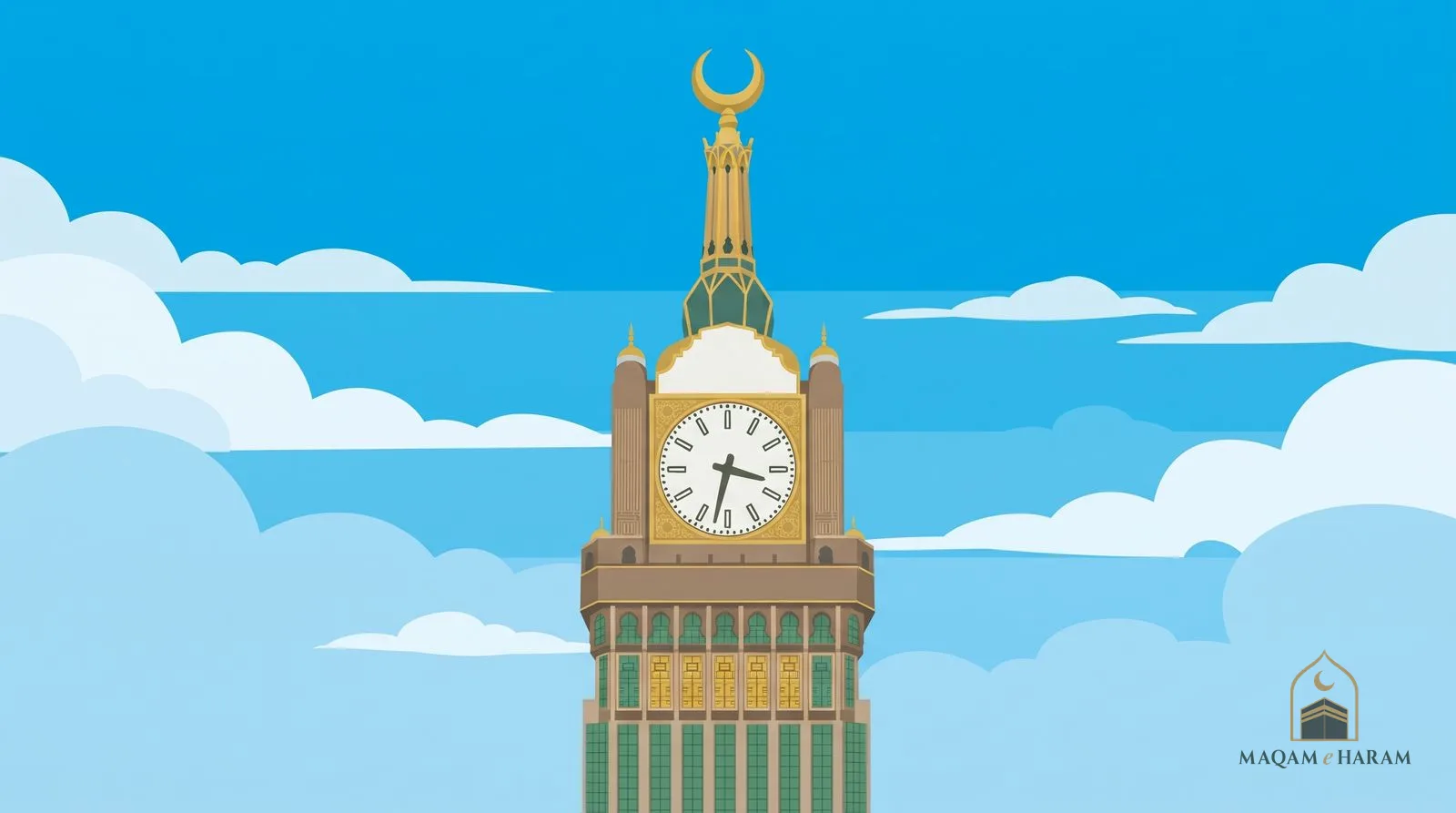 Illustration of the top of the Makkah Royal Clock Tower with its gold crescent against a blue sky.