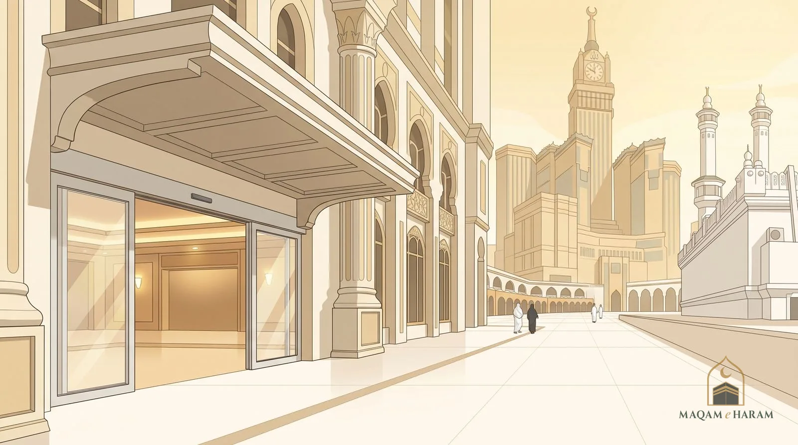 Illustration of a step-free hotel entrance with automatic doors on a level street in Makkah.