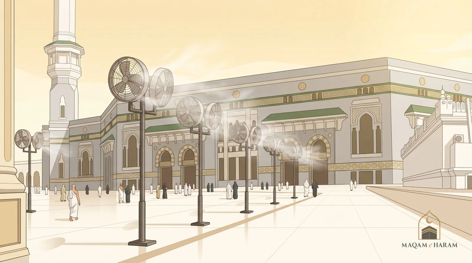 Illustration of misting fans spraying cool water over the outer courtyard of Masjid al-Haram on a hot day.