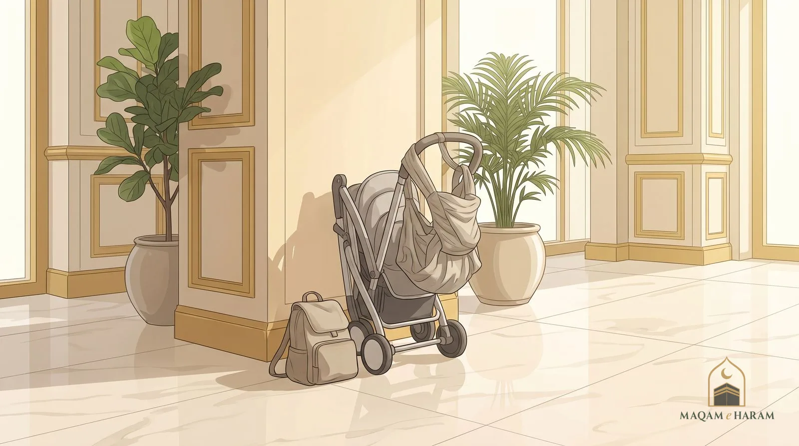 Illustration of a folded stroller with a soft baby carrier hung over its handle, ready by a hotel lobby wall.