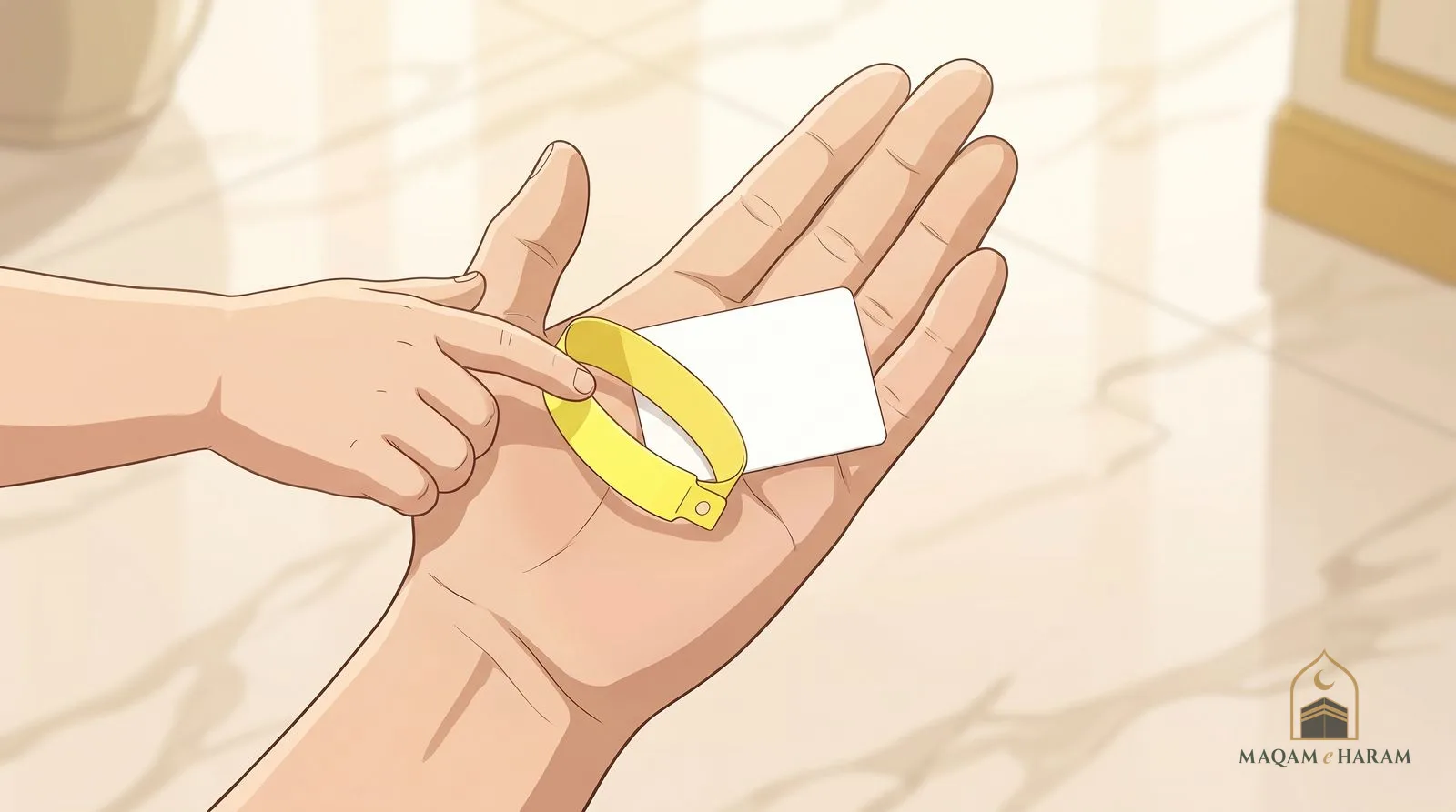 Illustration of an adult's hand holding a child's blank ID wristband and a contact card.