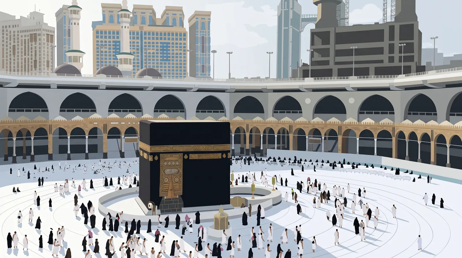 The Kaaba in daylight, with pilgrims in white and black walking on the wide white marble around it