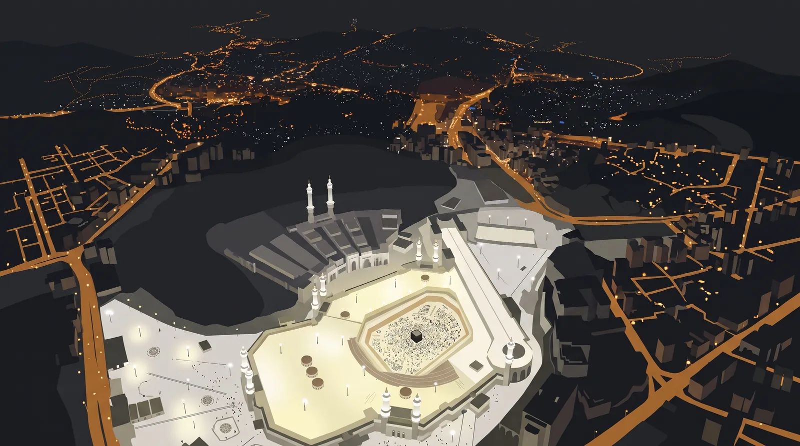 The Masjid al-Haram seen from high above at night, the Kaaba small and dark in the middle of the lit white courtyard