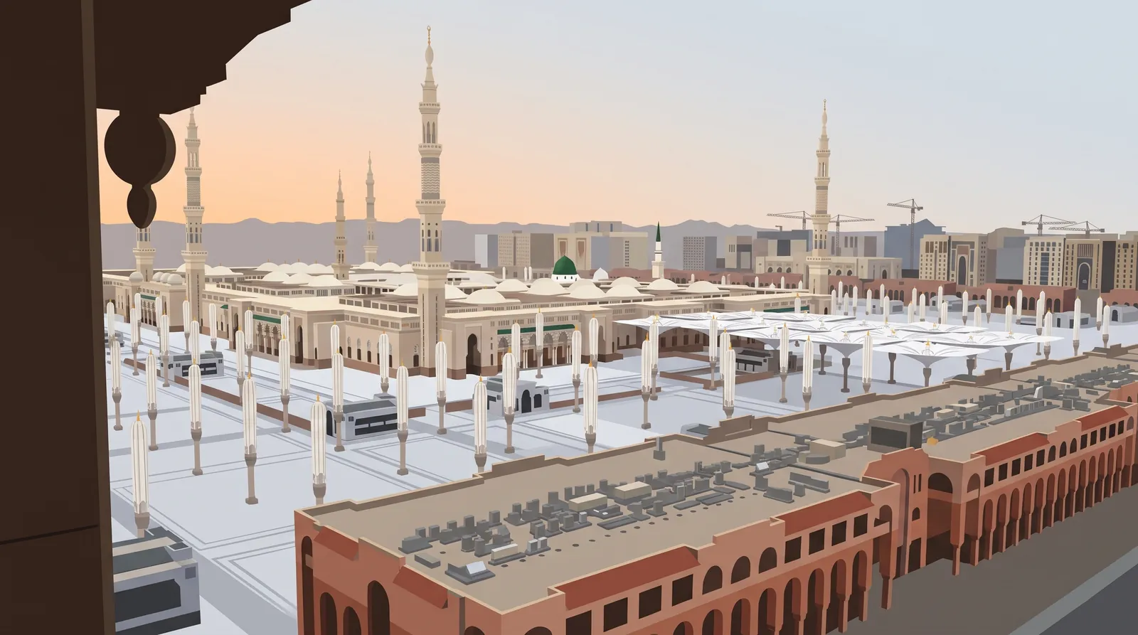 Dawn over the Prophet's Mosque seen from a high window, with minarets and the white umbrella shelters in the courtyard