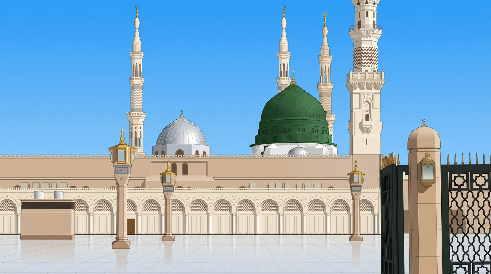 The Prophet's Mosque across its courtyard in clear daylight, with the green dome, a silver dome and white minarets